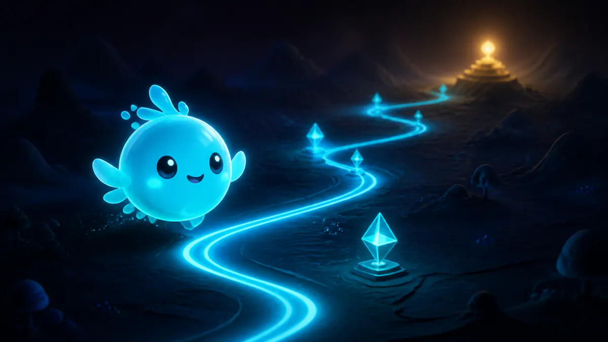 Original glowing spirit following a neon path through a dark fantasy landscape