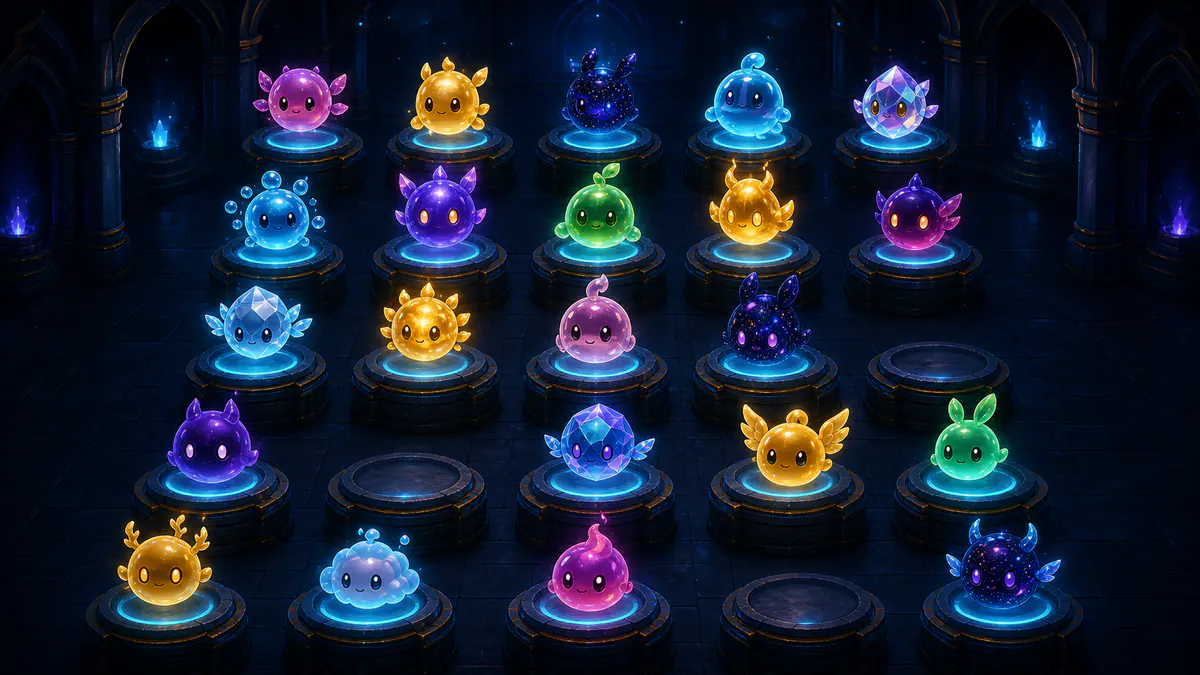 Original glowing collectible spirits displayed on pedestals in a dark gallery