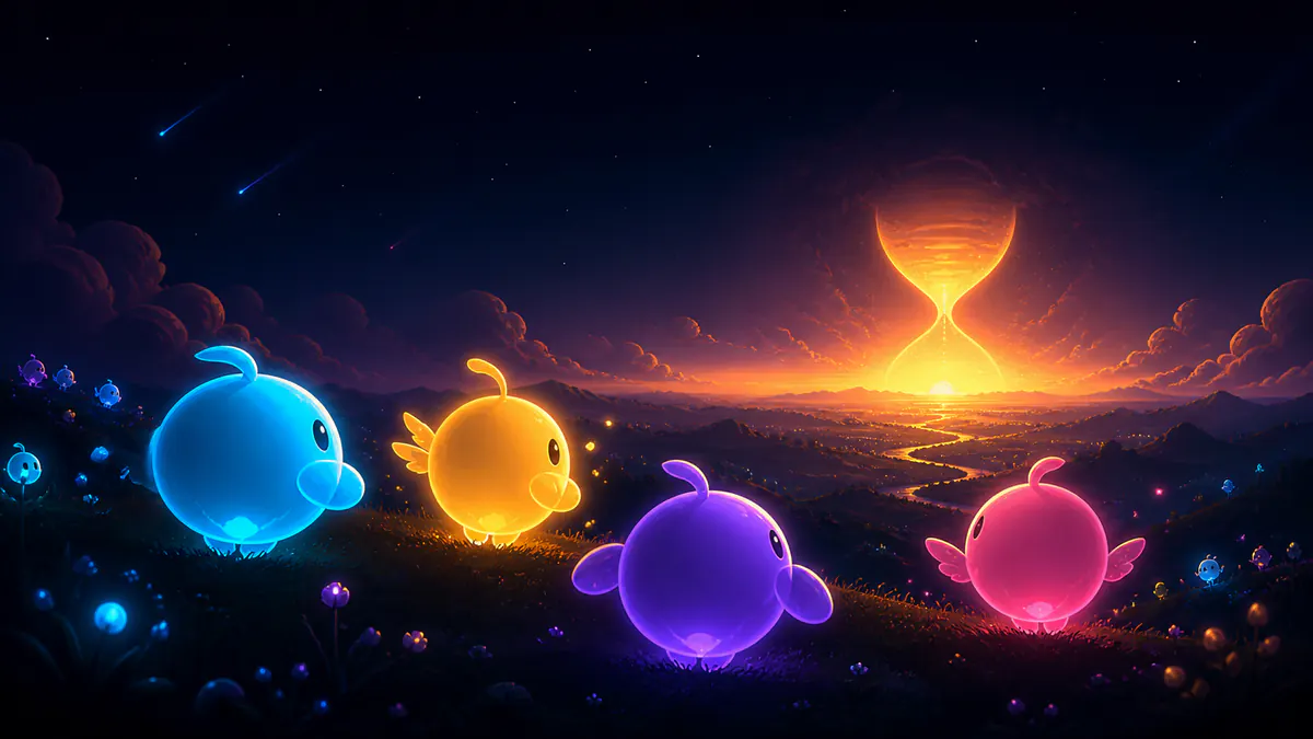 Original glowing spirit creatures watching an hourglass-shaped sunset